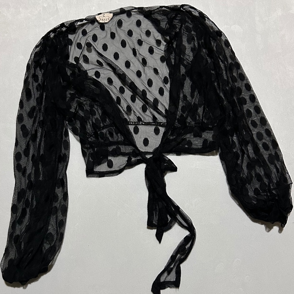 NEW BLACK POLKA DOT MESH SEE THROUGH TIE UP SHIRT LOW CLEAVAGE